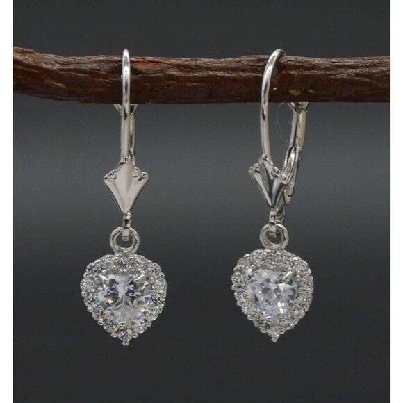 14K Solid White Gold Round CZ Halo Heart Leverback Earrings